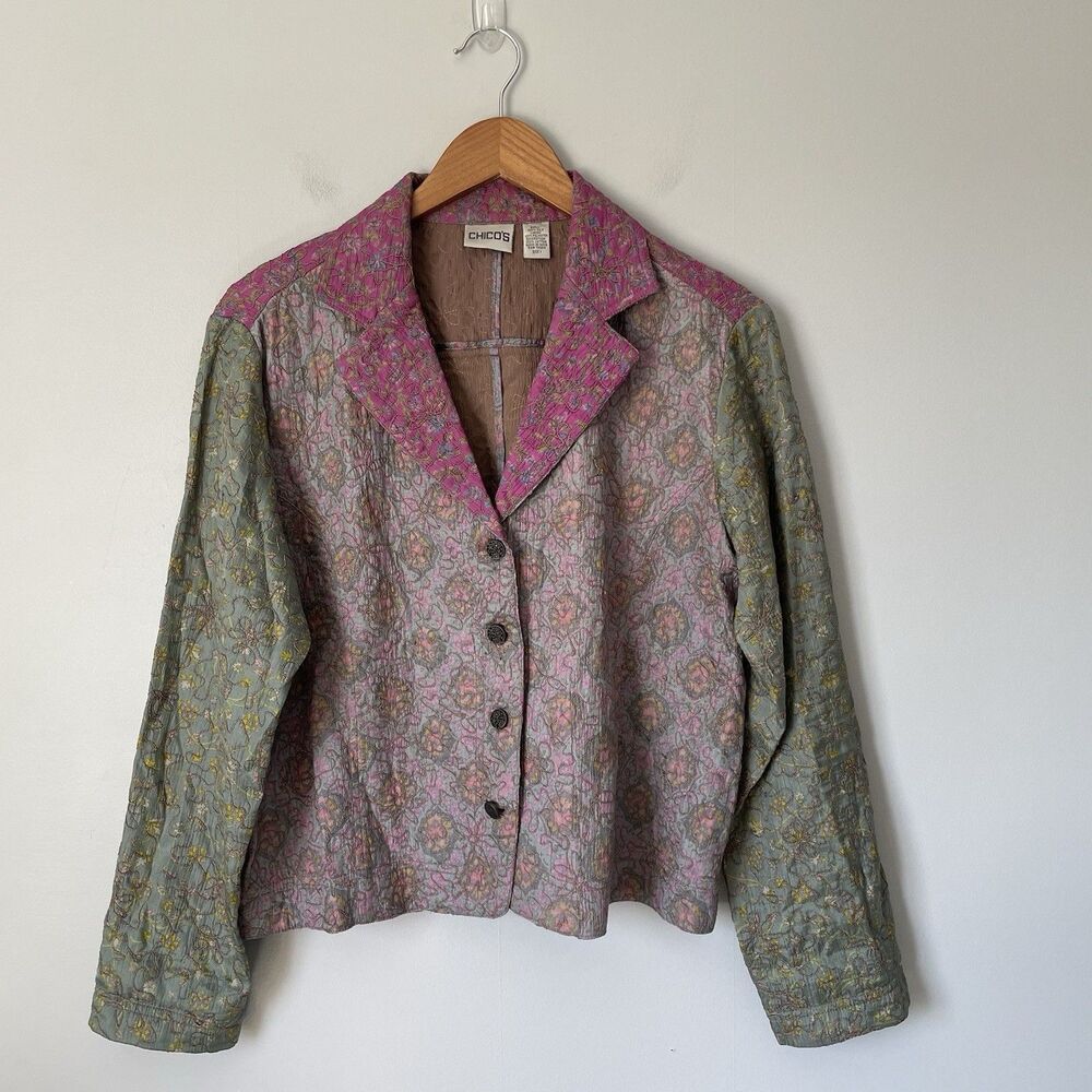 Chico's Vintage Boho Button Up Jacket Top 100% Silk Embroidered Purple Size Med.